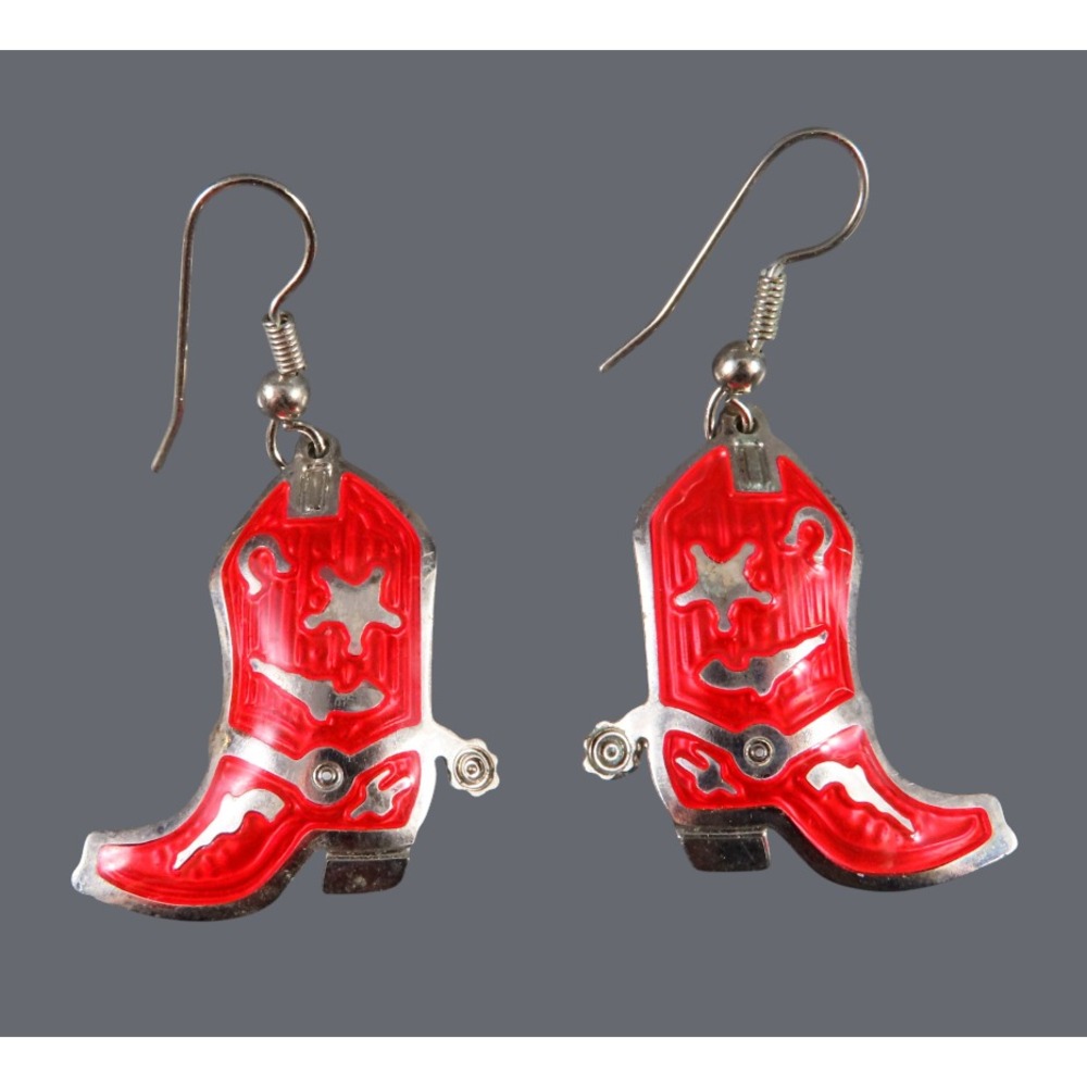 Vintage EDGAR BEREBI Silver Tone Dangle Earrings RED ENAMEL Cowboy Boots Western